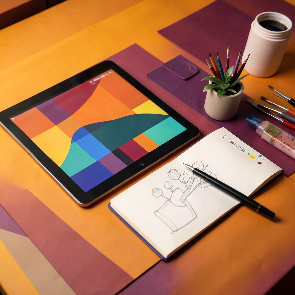 Masa üzerinde bir tablet, renkli soyut bir sanat eseri görüntülerken, yanında not defteri, kalemler, fırçalar ve küçük bir succulent bitki