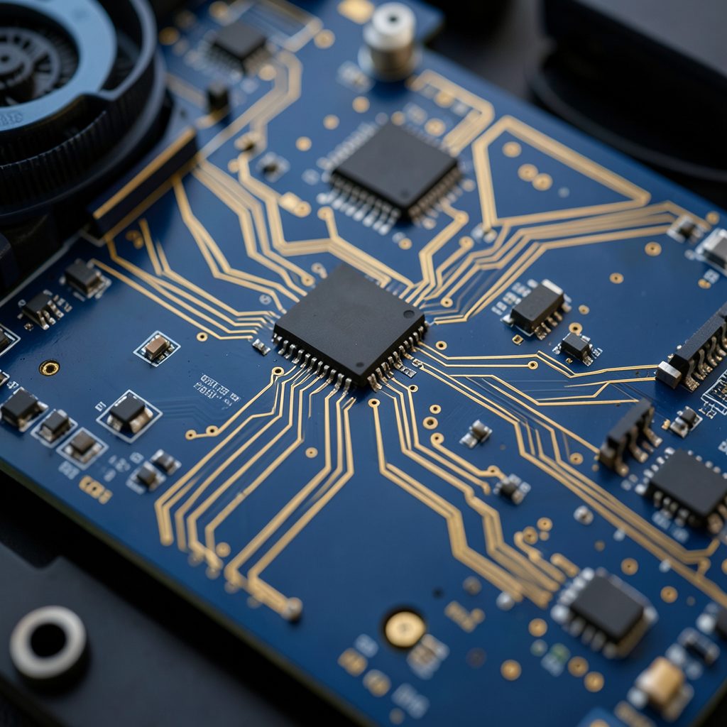 Koyu mavi tonlarda bir anakartın yakın çekimi, üzerinde altın rengi devre yolları ve küçük elektronik bileşenler, teknolojik ve güven veren bir atmosfer